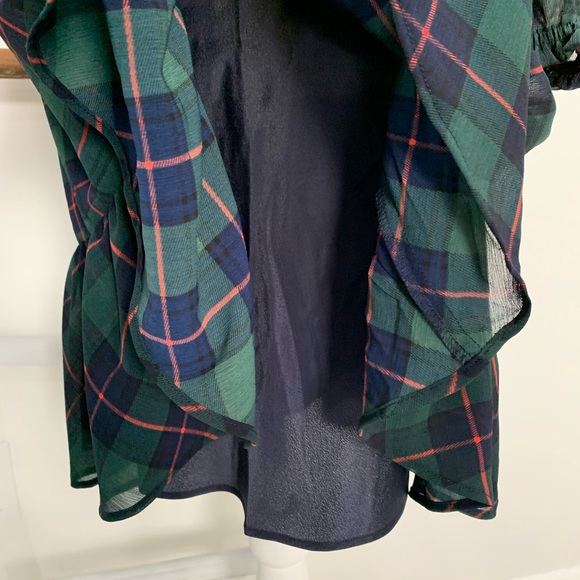 J.Crew Plaid Ruffled Dress, Large Petite, Green Chiffon, Cinched Waist - Picture 8 of 9